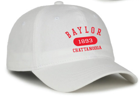 White cap with red text 'Baylor 1893 Chattanooga' on a white background